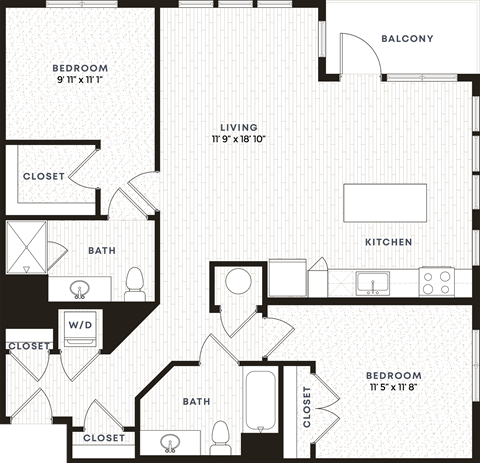 Floor plan for 2 beds, 2 baths, 1153 sqft